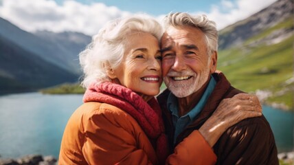retired grandma and grandpa travel high in the mountains lake autumn happiness.