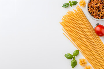 Bolognese Paste ingredients - raw pasta, beef, tomatoes, basil, wine and herbs