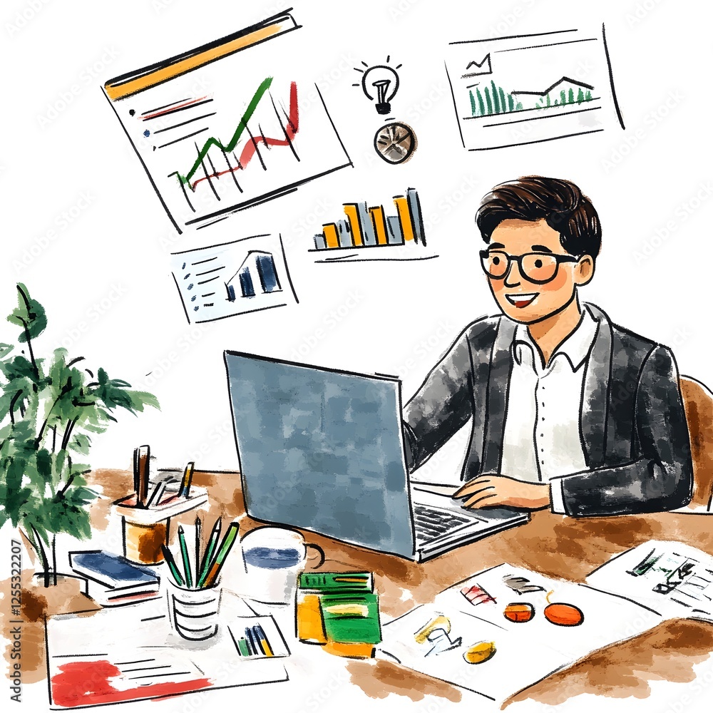 Poster illustrated image of a manager or business professional planning and analyzing business strategies a