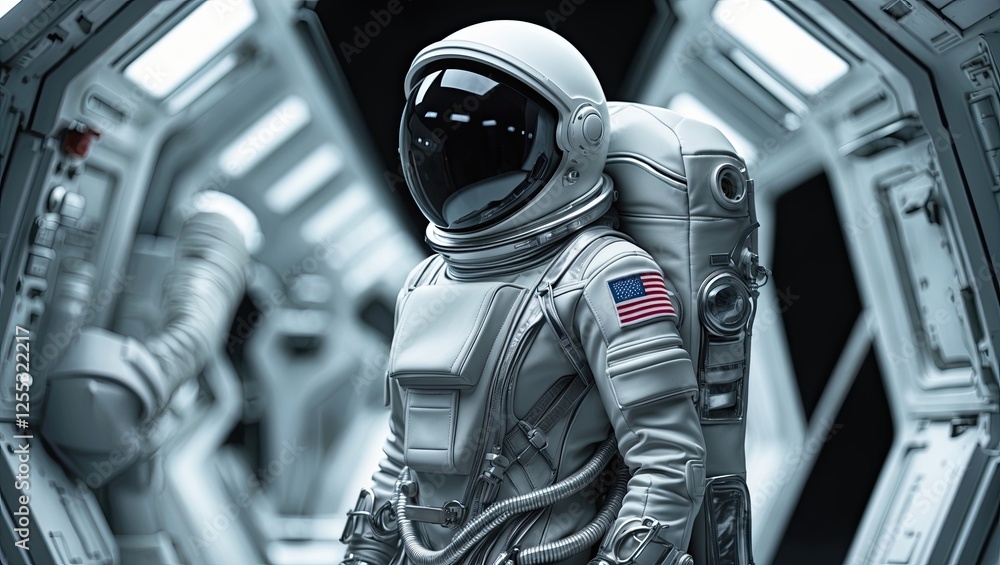 Poster an astronaut in a white spacesuit stands inside a futuristic spacecraft corridor with sleek geometri