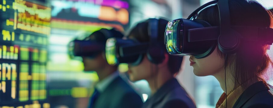 Asian adults immersed in virtual reality at financial exchange