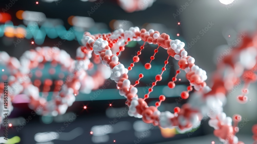 Poster 3d render of colorful dna double helix with molecular structures and background data visualization f