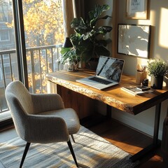 Cozy home office, autumn light, laptop, work
