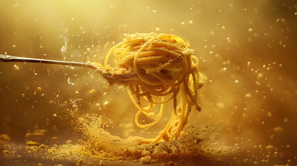 Spaghetti with grated parmesan being being taken with a fork commercial food foto