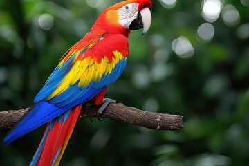 Obraz premium Scarlet Macaw Perched on a Branch in Lush Green Foliage
