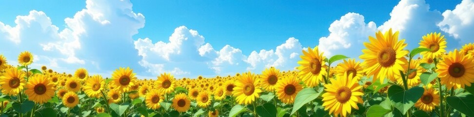 Fototapeta premium Golden sunflowers sway gently in a breathtaking blue sky canvas filled with puffy cumulus clouds , sky, serenity