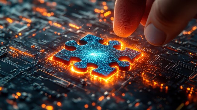 Hand placing data puzzle piece on circuit board - Powered by Adobe