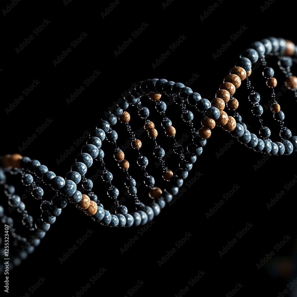 Poster 3d render of a dna double helix structure with gray and brown spheres on black background
