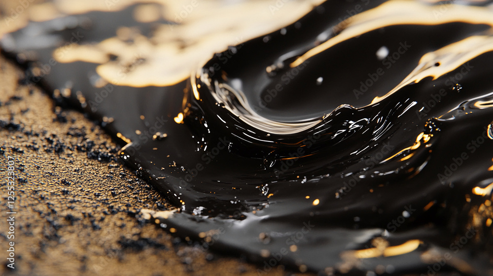 Poster a close-up image of black liquid swirling over a golden surface with droplets, representing motion, 