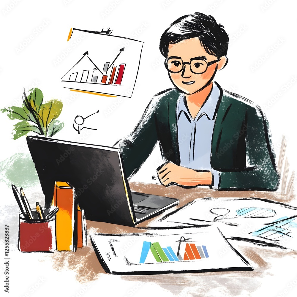 Poster of a manager analyzing business data and planning strategies on a laptop computer at an office desk 