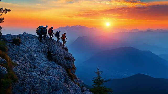 Team of Hikers at Sunset: Silhouette of a team of hikers conquering a rocky mountain ridge, illuminated by a vibrant sunset, a testament to their courage and a celebration of nature's grandeur.