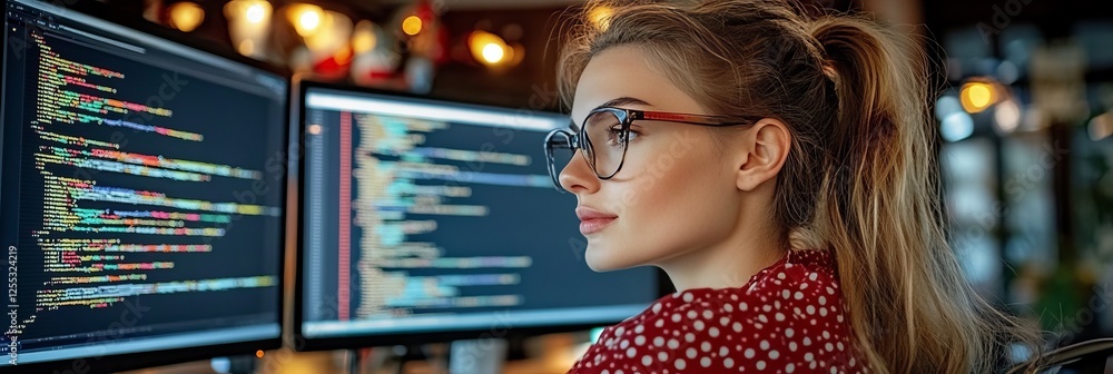 Poster focused young female programmer working with code on computer screen in office at night