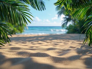 Tranquil beach scene framed by palm leaves with gentle waves in the background