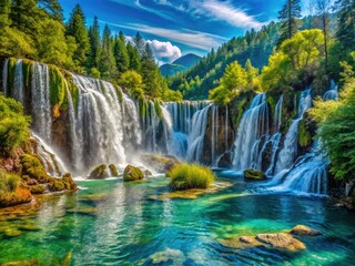 Fototapeta premium Witness Nuorilang Waterfall's breathtaking beauty in Jiuzhaigou, a stunning documentary showcasing China's jewel.
