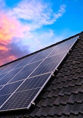 Solar panels producing clean energy on a roof of a residential house