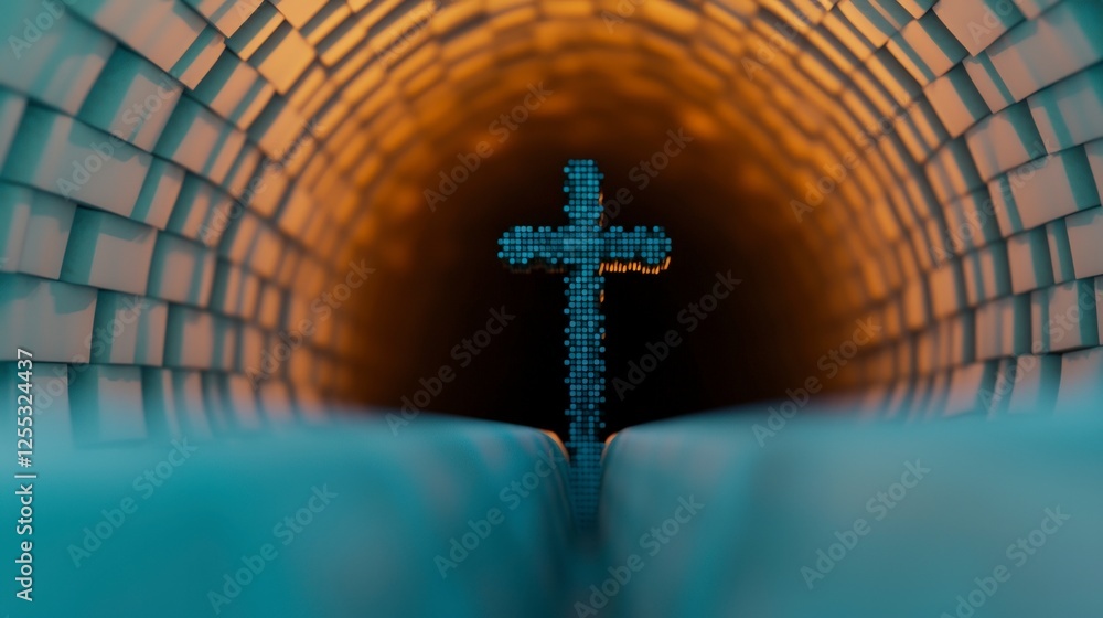 Poster abstract 3d render of a cross in a tunnel