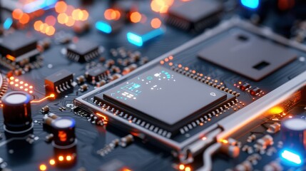 Fototapeta premium Close-up of a High-Tech Microchip on a Circuit Board with Glowing Lights and Electronic Components
