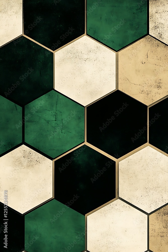 Poster elegant hexagonal pattern background in forest green, beige, and black with a matte finish for moder