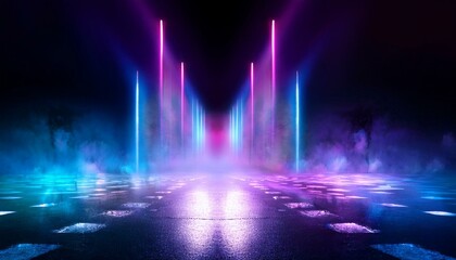 Empty background scene. Dark street reflection on wet asphalt