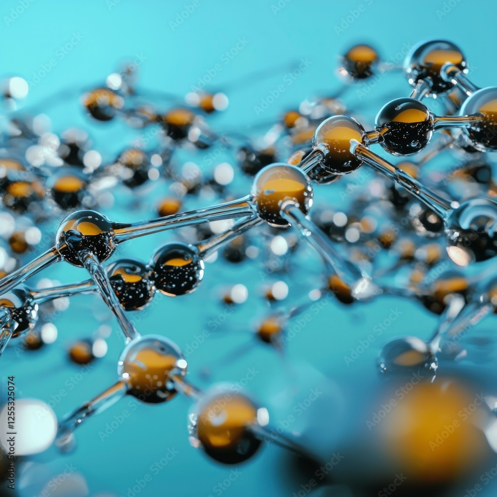 Poster abstract 3d rendering of a complex molecule structure with blue and gold spheres connected by rods