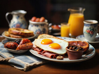 traditional English breakfast, scrambled eggs and sausages