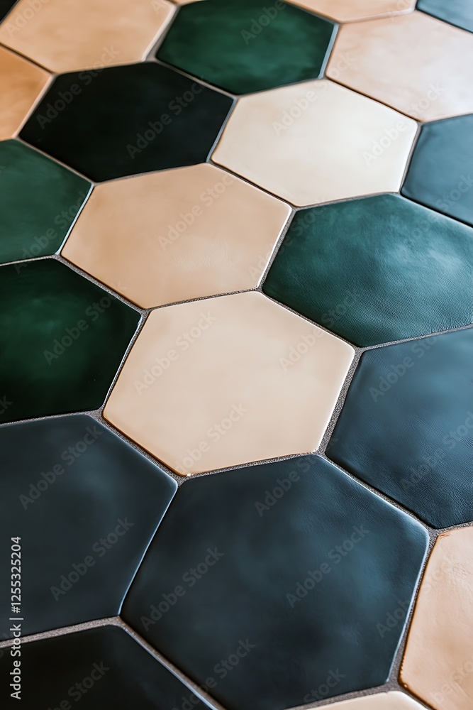 Poster elegant hexagonal pattern background in forest green, beige, and black with a matte finish for moder