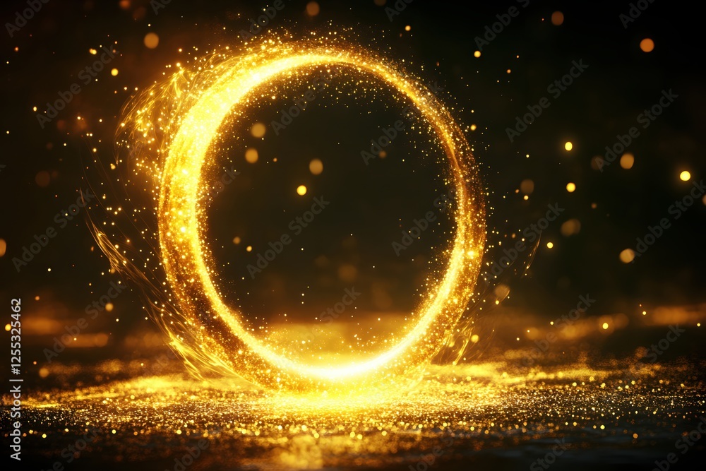 Wall mural golden circle of glowing particles on a dark background creating a magical and ethereal scene