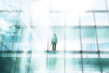 Fototapeta premium Person Standing in Modern Glass Building with Bright Light