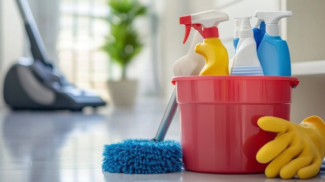 A vibrant blue plastic bucket sits on a shiny floor, filled with essential cleaning supplies like sprays and sponges - Powered by Adobe