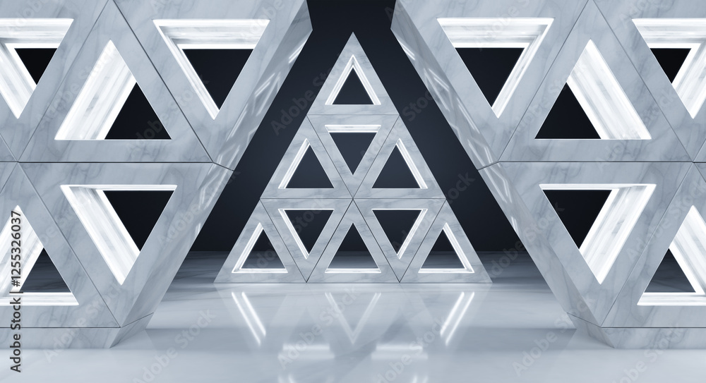 Poster futuristic marble walls creating glowing triangular patterns in modern interior