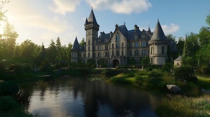Fototapeta premium Enchanted Chateau Reflected in Serene Lake Waters Amidst Lush Greenery at Golden Hour Lighting