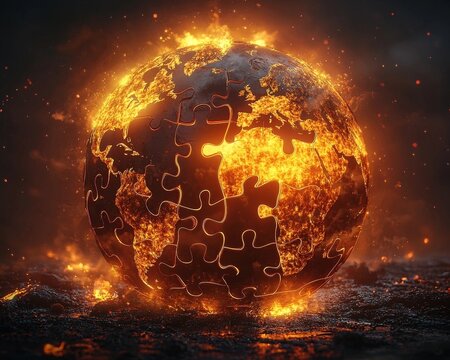 Glowing Earth Puzzle Pieces Falling Symbolizing Unity and Global - Powered by Adobe