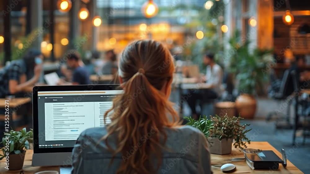 Aufkleber a day in the life of a modern workplace: a rear view captures a female coder deeply engaged in her w