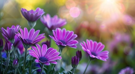 Fototapeta premium spring flower border of purple flowers in nature violet sunlight natural wallpaper