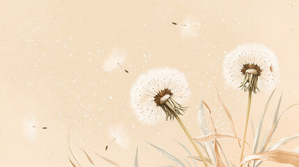 Fototapeta premium Beautiful dandelions with floating seeds on a beige background, in pastel colors, with a bokeh effect, and ample copy space, vector illustration, highly detailed and realistic, high resolution, 