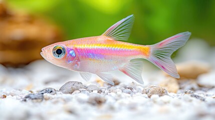 Fototapeta premium Pink fish swimming aquarium gravel background (4)