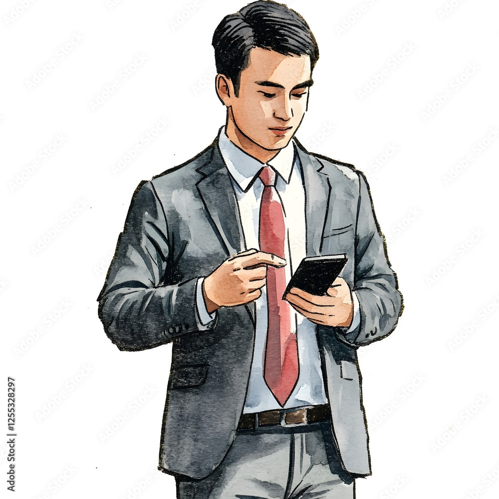 Poster portrait of a businessman wearing a suit and tie using a smartphone for work related tasks like comm