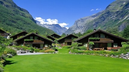Quaint Norwegian Houses Under Majestic Mountains Amidst Greenery on a Sunny Day Landscape View