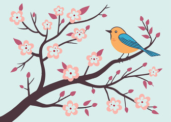 Happy Songbird on Blossoming Branch, Spring Melody tree cute pink tweet green   