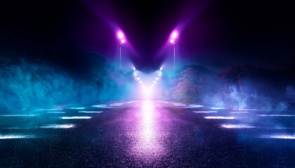 reflection of neon lights a searchlight smoke