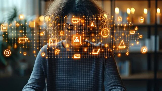 The Digital Mind: A young professional engrossed in the glowing display of data visualization, illuminated by an array of abstract icons, embodying a confluence of technology and innovation. 