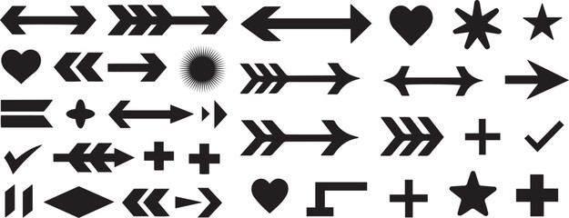 Arrows set of black icons featuring various arrow styles, including simple, modern, and cursor arrows. A vector illustration collection of check, tick, love, star, mark symbol set