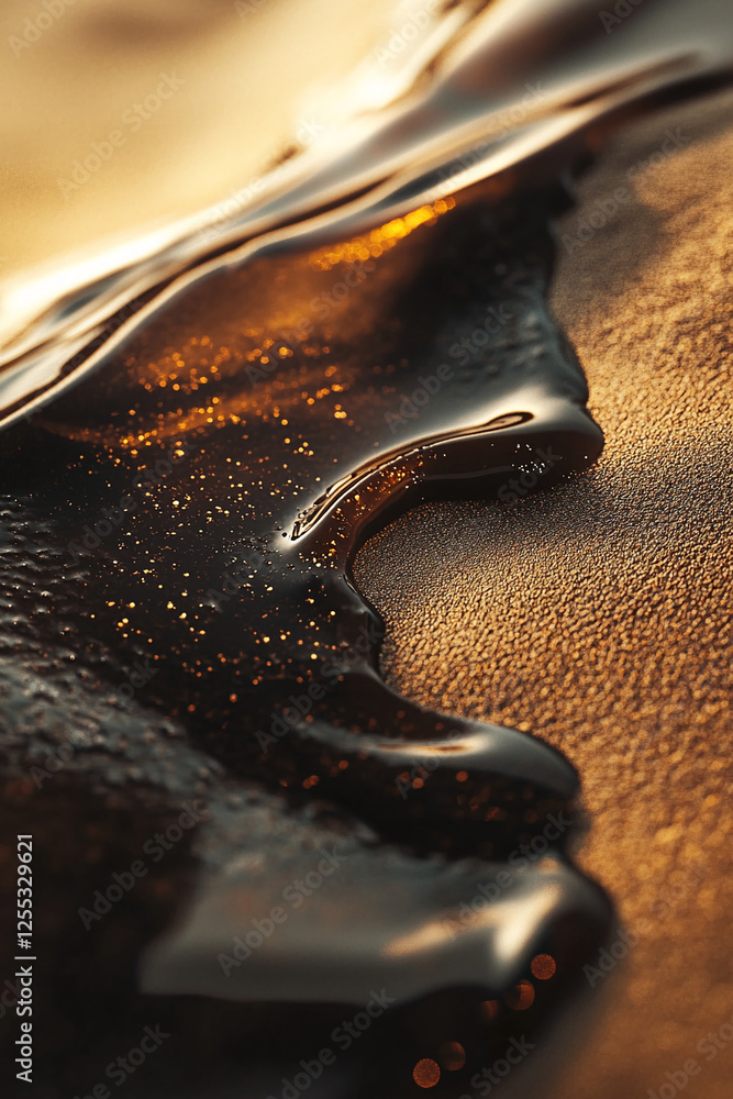 Aufkleber Close-up of black liquid flowing over a golden surface, creating an abstract texture with bubbles, showcasing the concept of fluid dynamics and environmental pollution.
