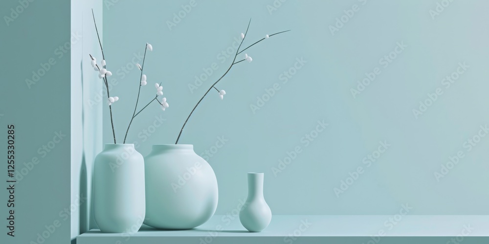 Poster A minimalistic setup featuring a light aqua backdrop, Smooth textures and clean shapes, Contemporary minimalist style