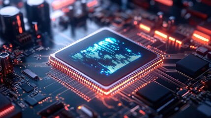 Fototapeta premium Quantum Processor Glowing with Swirling Data Projection