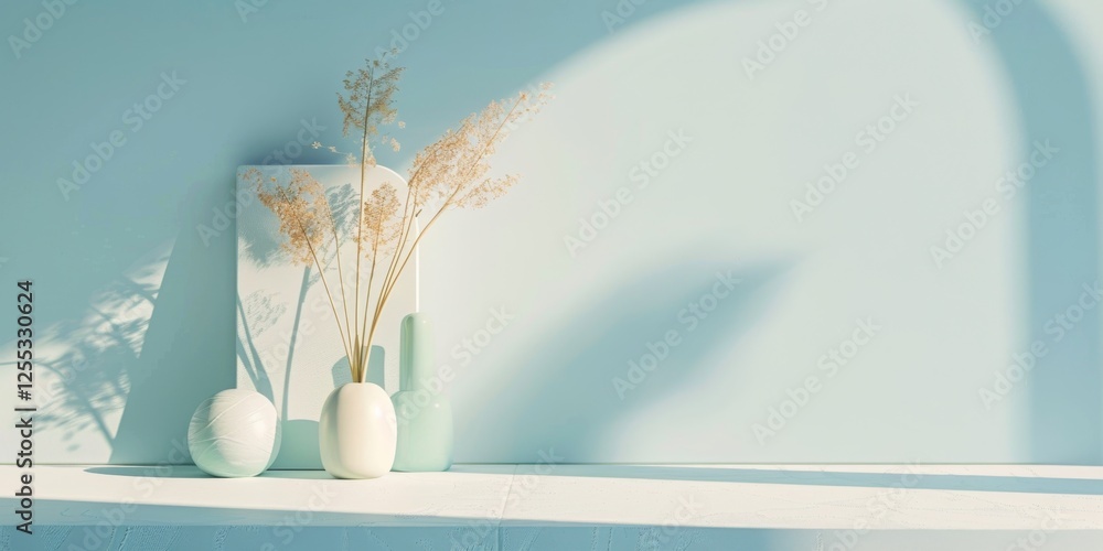 Aufkleber A minimalistic setup featuring a light azure backdrop, Smooth textures and clean shapes, Contemporary minimalist style