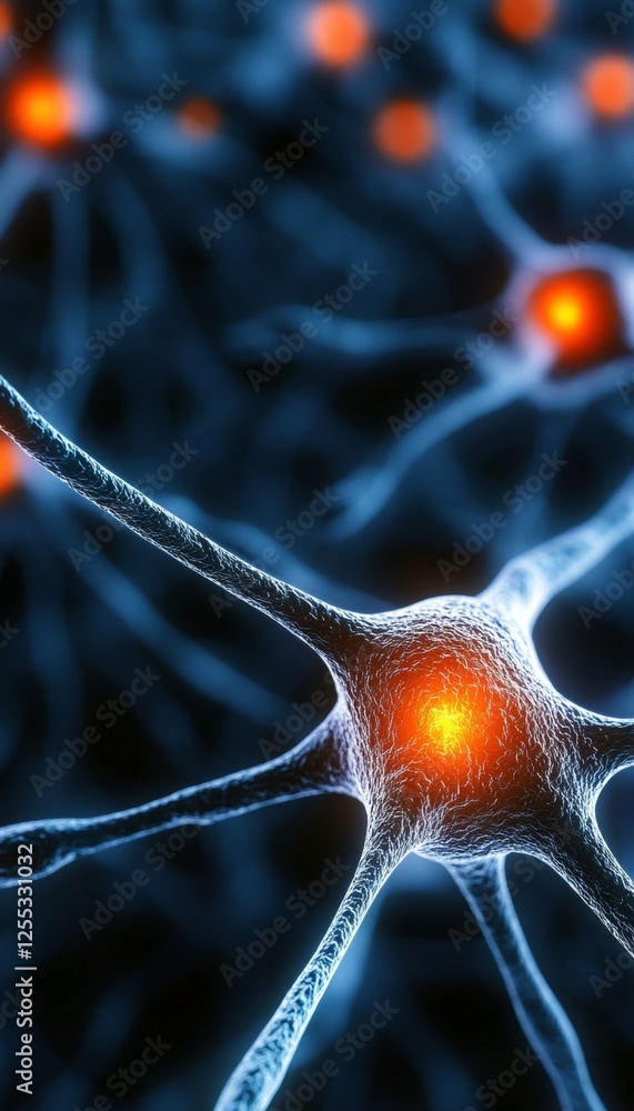 Poster neural network firing, synapses firing, 3d render, concept of neurons and nervous system