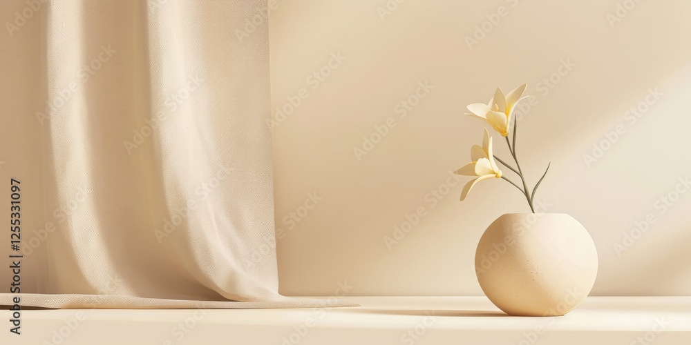 Poster A minimalistic setup featuring a light butter yellow backdrop, Smooth textures and clean shapes, Contemporary minimalist style