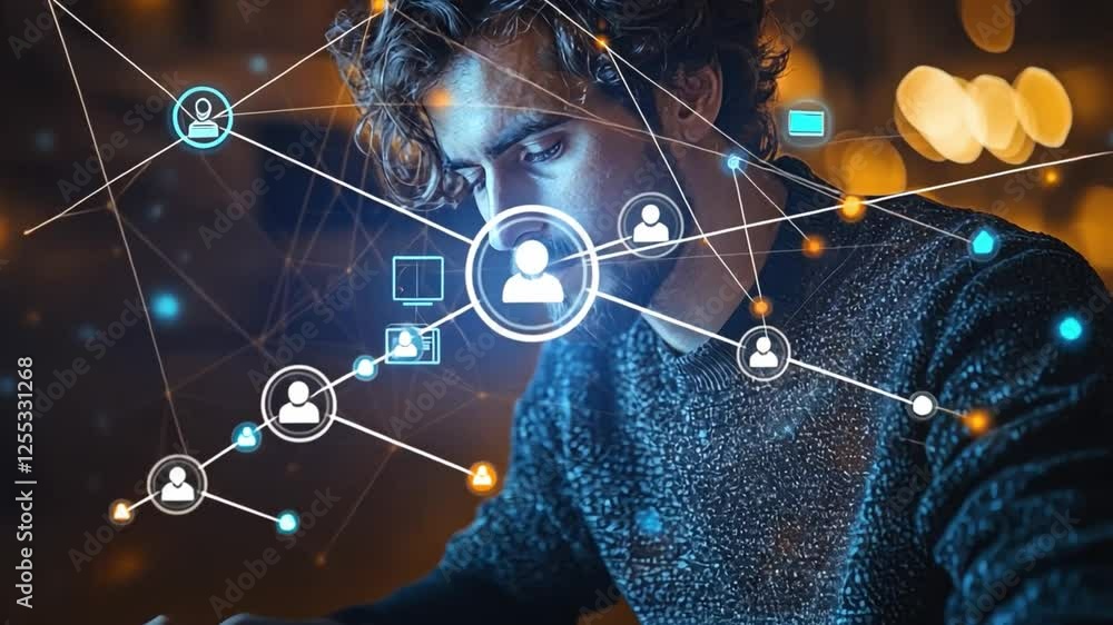 Poster networking vision: a modern man immersed in a digital network of connections, highlighting the inter