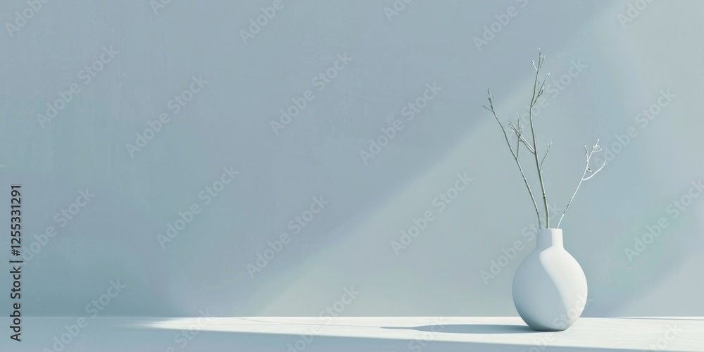 Poster a minimalistic setup featuring a light denim blue backdrop, smooth textures and clean shapes, contem